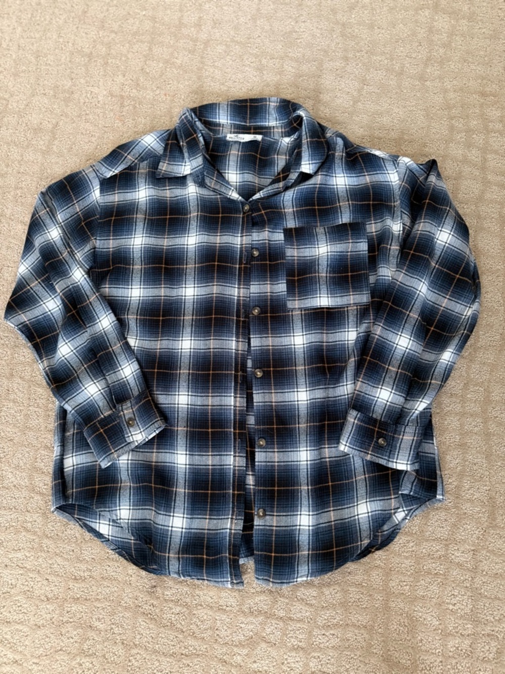 Hollister Navy and White Plaid Button-Down Shirt with Subtle Tan Lines
